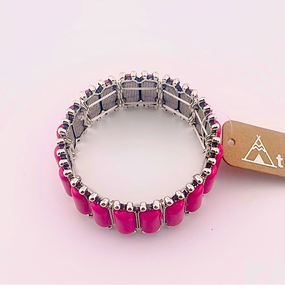 pink Elastic Stretch Bracelet Silver Accented - Picture 2 of 3